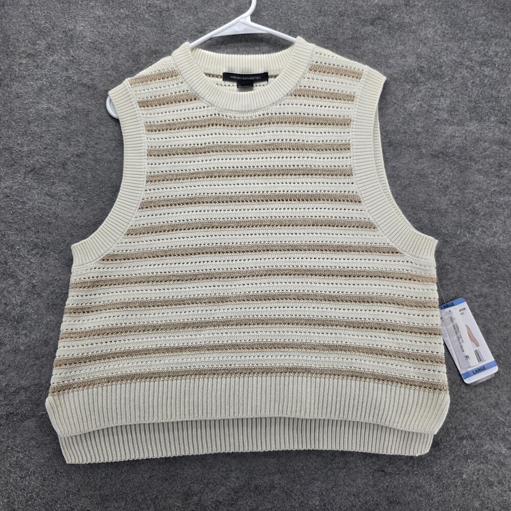 French Connection Sweater Vest Womens Large Ivory Stripe Sleeveless Metallic